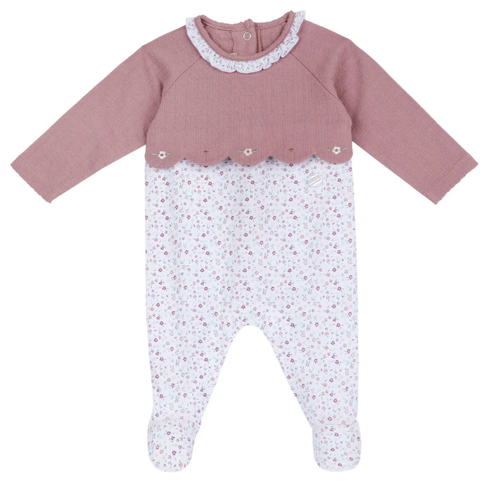 Girls Medium Pink Embroidered Back Opening Babysuit