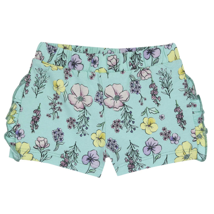 Girls Sea Green Floral Printed Shorts