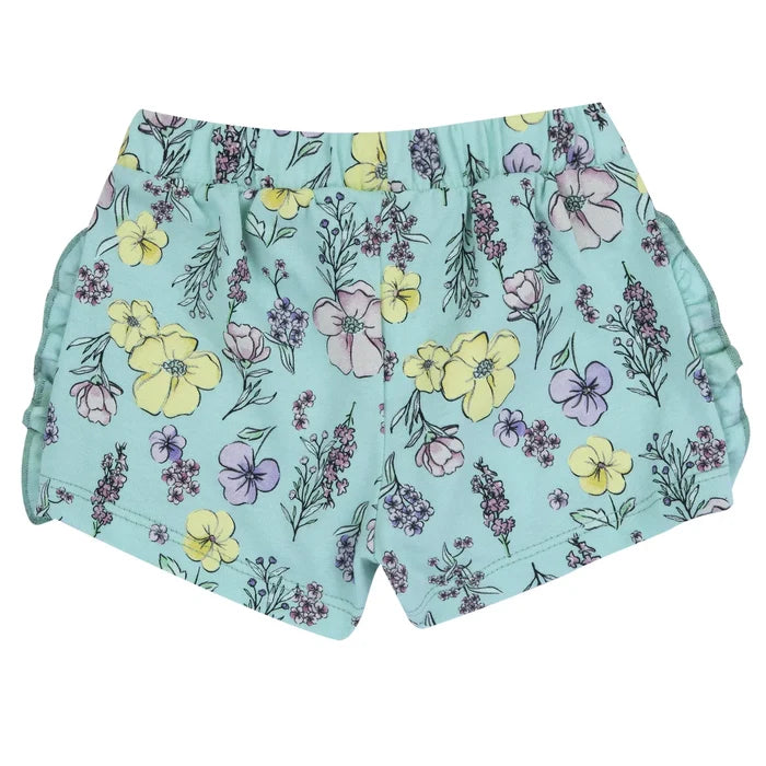 Girls Sea Green Floral Printed Shorts