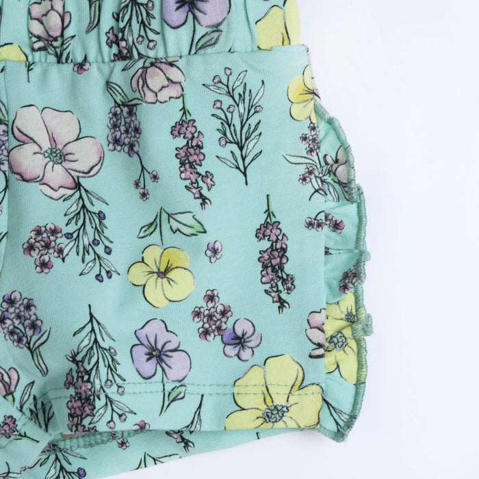 Girls Sea Green Floral Printed Shorts