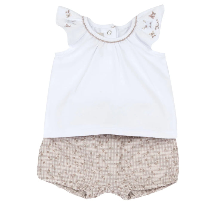 Girls White and Beige Embroidered T-Shirt with Shorts