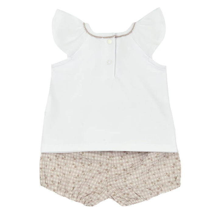 Girls White and Beige Embroidered T-Shirt with Shorts