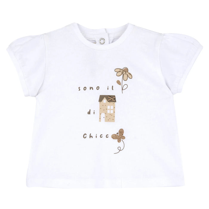 Girls White and Beige Graphic Printed T-shirt