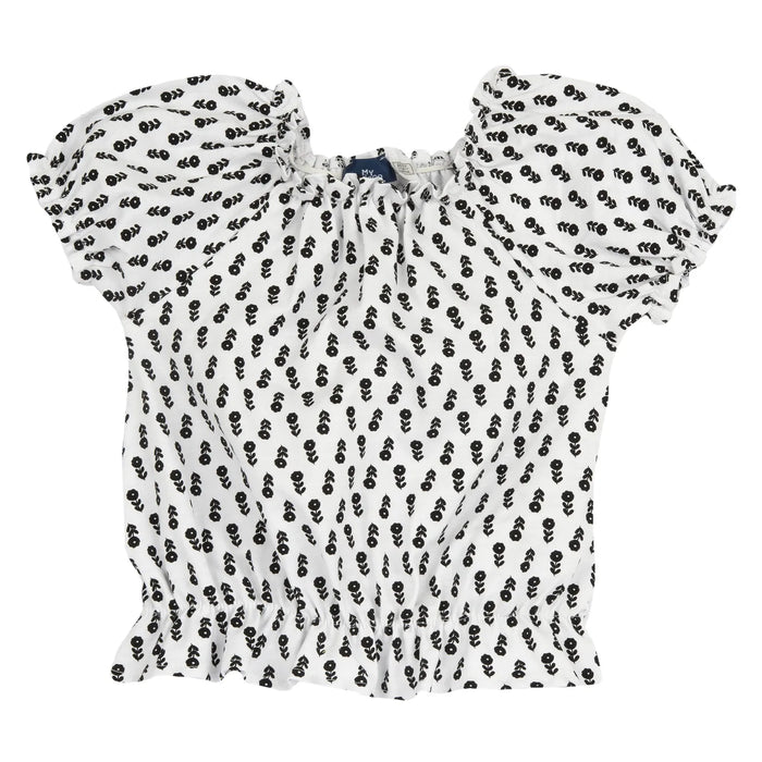 Girls White and Black Floral Printed Top