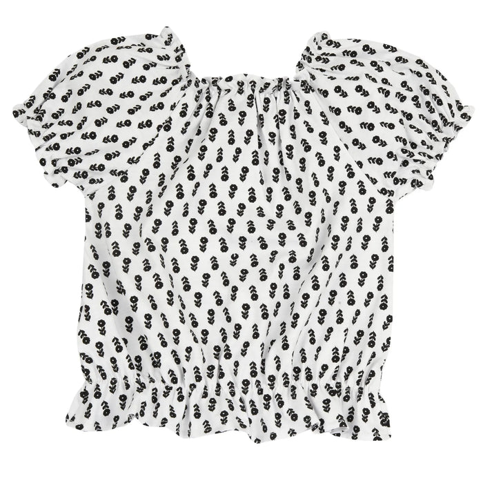 Girls White and Black Floral Printed Top