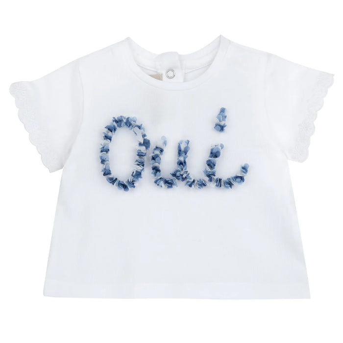 Girls White and Blue Embellished T-shirt