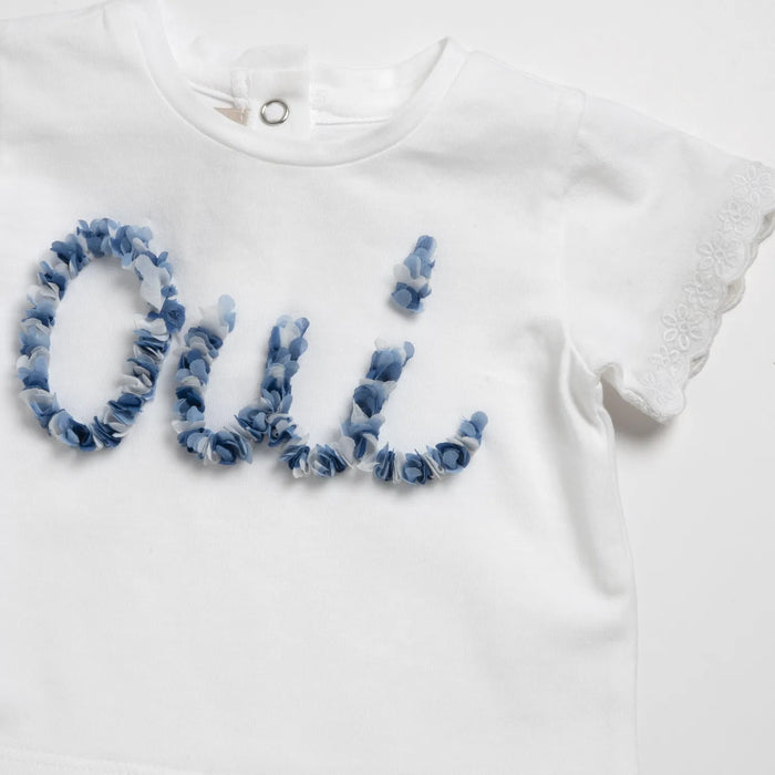 Girls White and Blue Embellished T-shirt