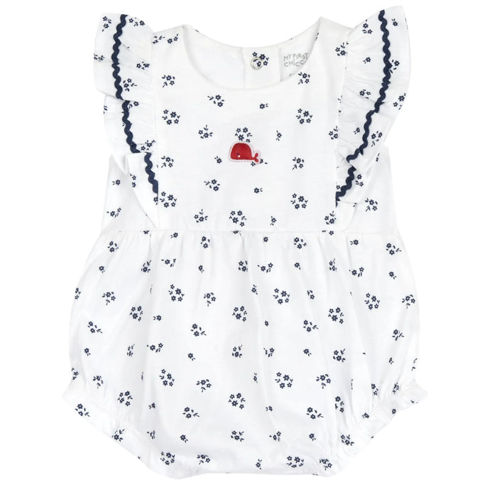 Girls White and Blue Floral Printed Romper