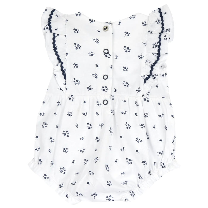 Girls White and Blue Floral Printed Romper
