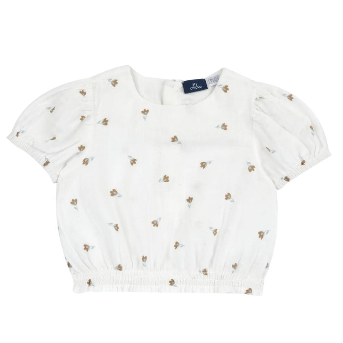 Girls White and Brown Floral Printed Top