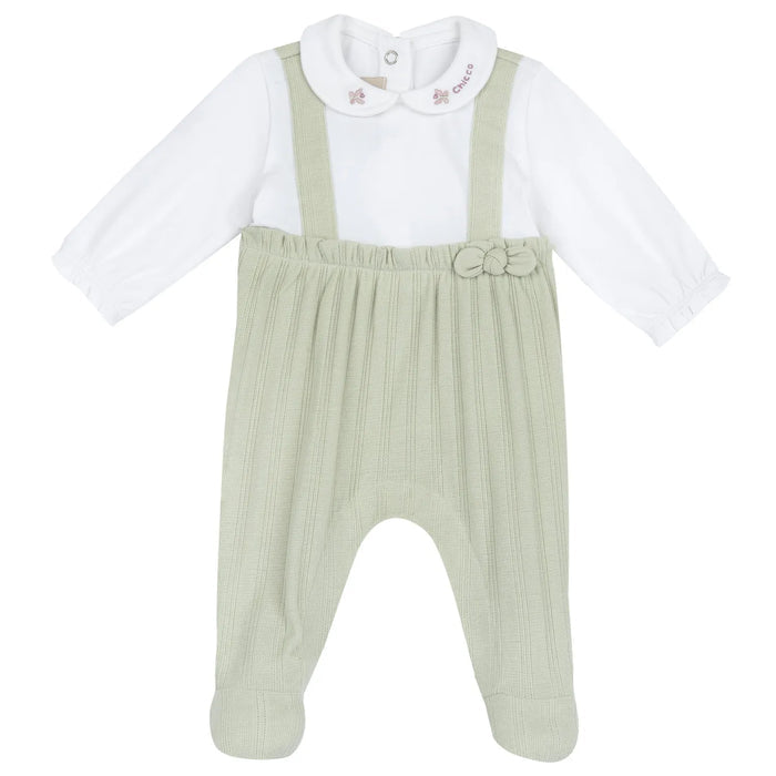 Girls White and Green Embellished Leg Opening Babysuit