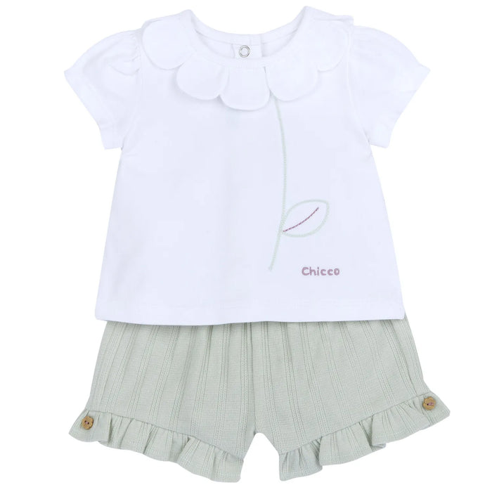 Girls White and Green Embroidered T-Shirt with Shorts