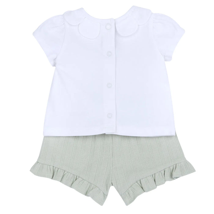 Girls White and Green Embroidered T-Shirt with Shorts