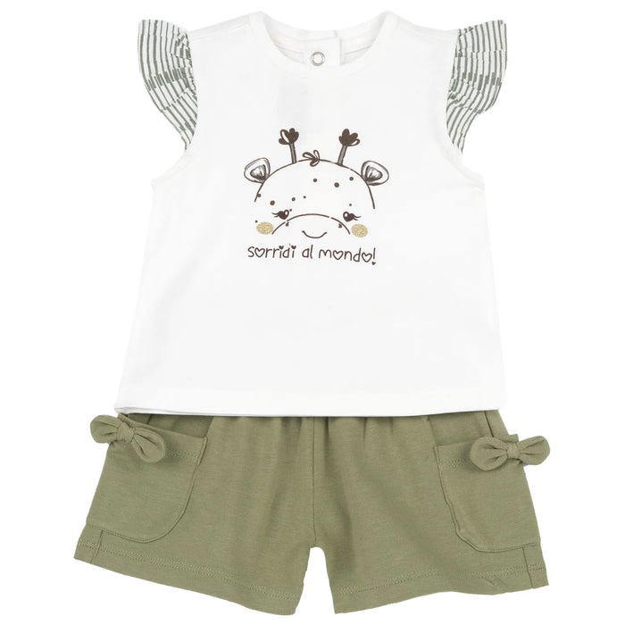 Girls White and Green Graphic Printed T-Shirt with Shorts