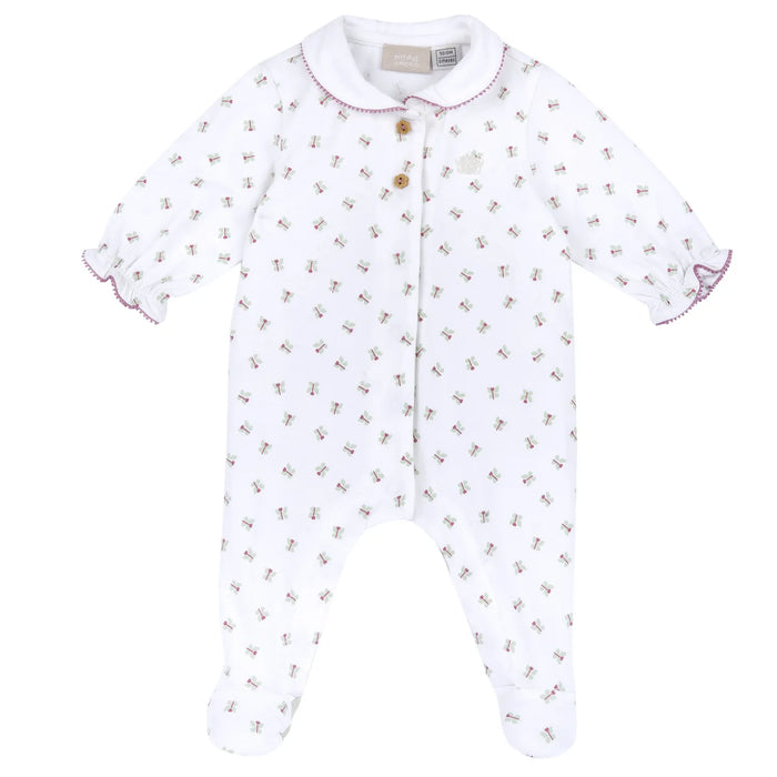 Girls White and Green Printed Front Opening Babysuit