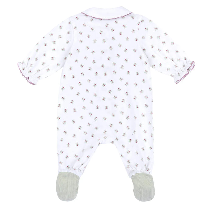 Girls White and Green Printed Front Opening Babysuit