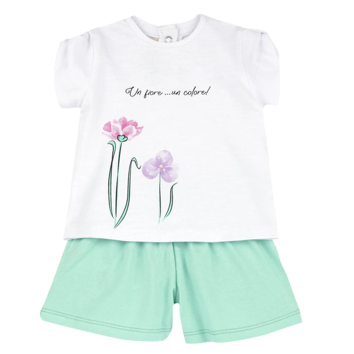 Girls White and Green Printed T-Shirt with Shorts