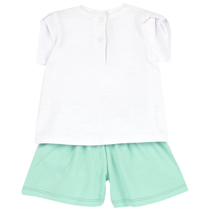Girls White and Green Printed T-Shirt with Shorts