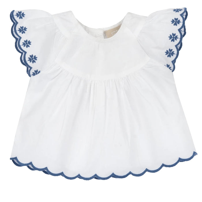 Girls White and Light Blue Embroidered Top