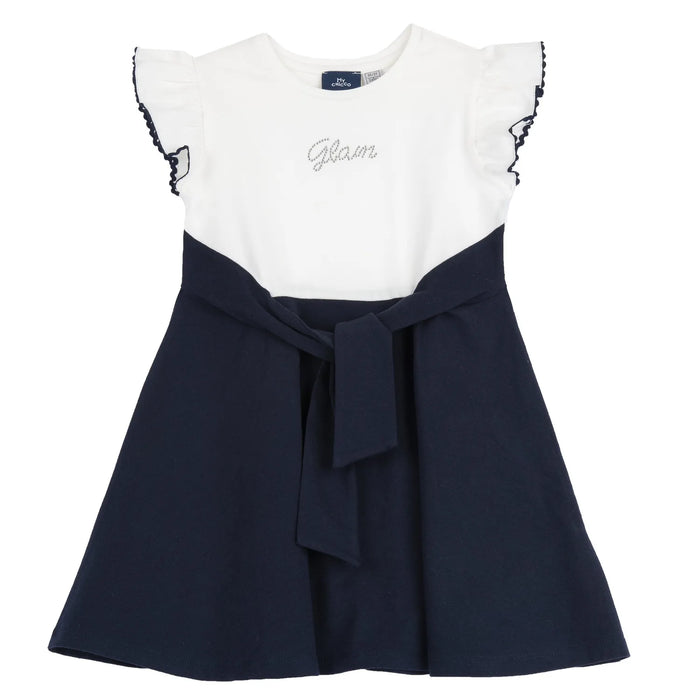 Girls White and Navy Blue Embellished Dress