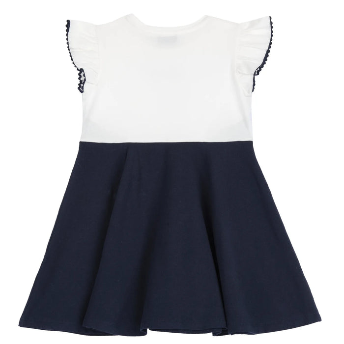 Girls White and Navy Blue Embellished Dress