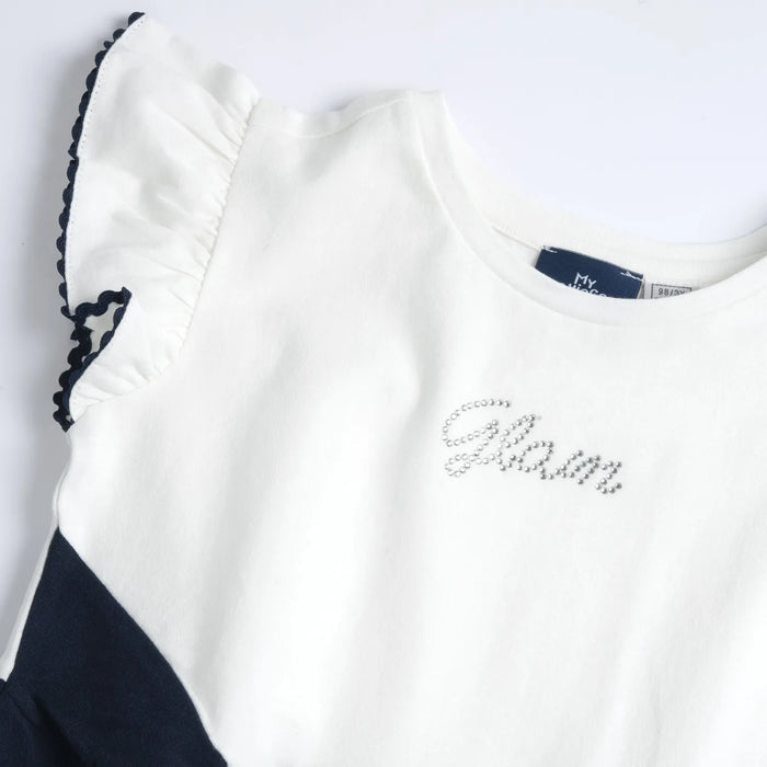 Girls White and Navy Blue Embellished Dress