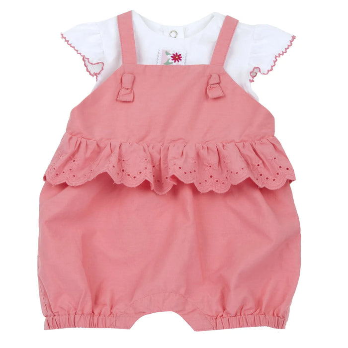 Girls White and Pink Embellished T-Shirt with Dungaree