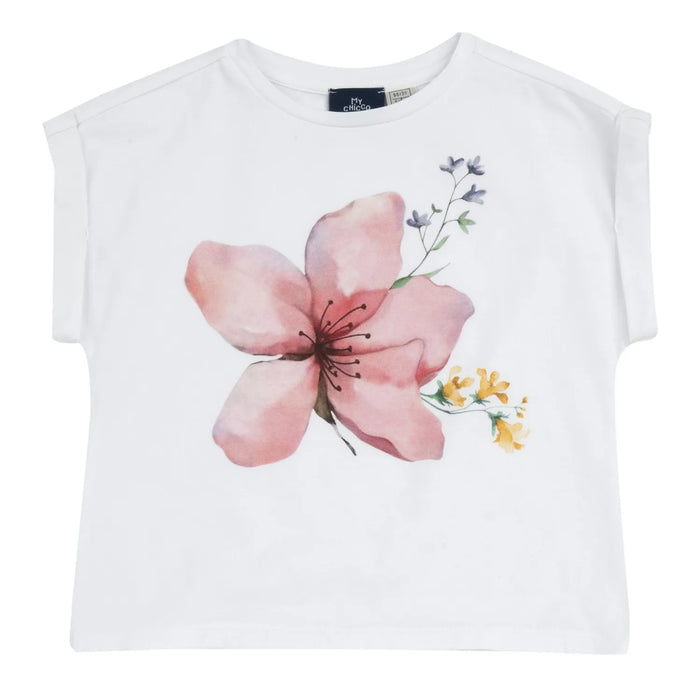 Girls White and Pink Floral Printed T-shirt
