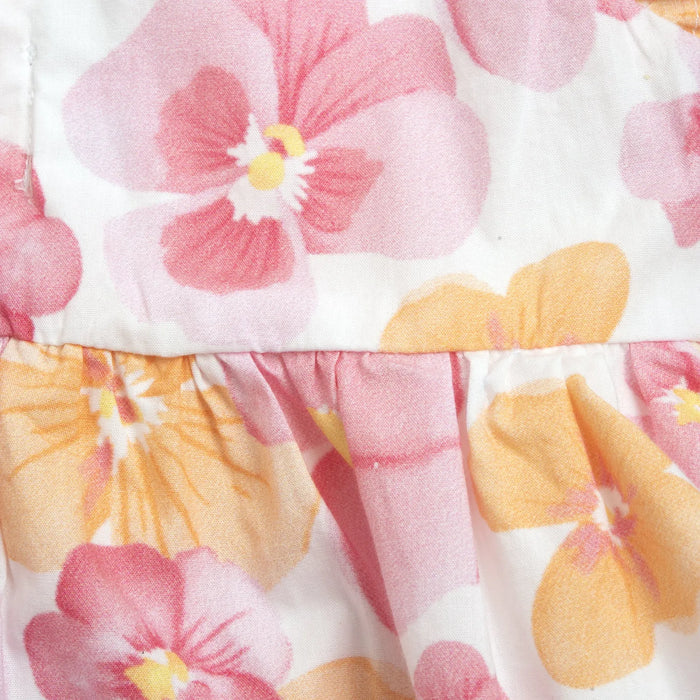 Girls White and Pink Printed Cap Sleeve Dress