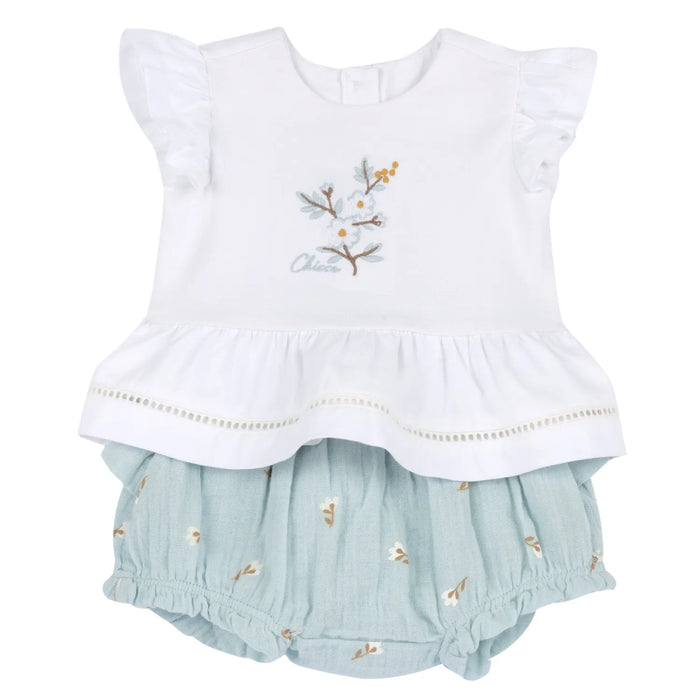 Girls White and Sea Green Embroidered T-Shirt with Shorts