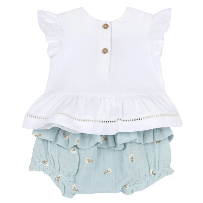 Girls White and Sea Green Embroidered T-Shirt with Shorts