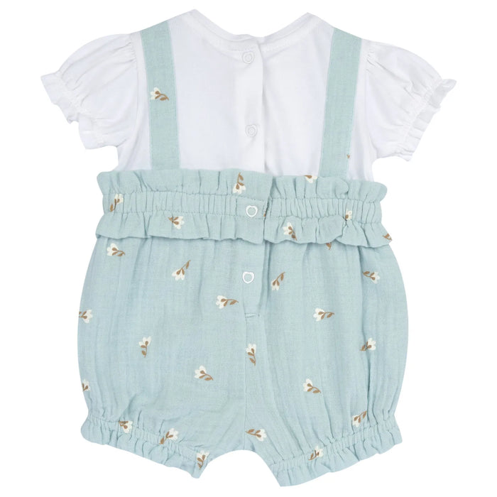 Girls White and Sea Green Printed Romper