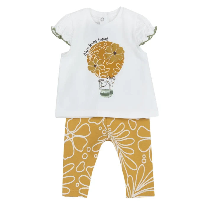 Girls White and Yellow Graphic Printed T-Shirt with Leggings