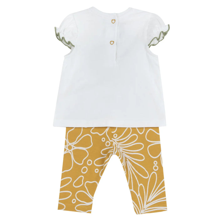 Girls White and Yellow Graphic Printed T-Shirt with Leggings