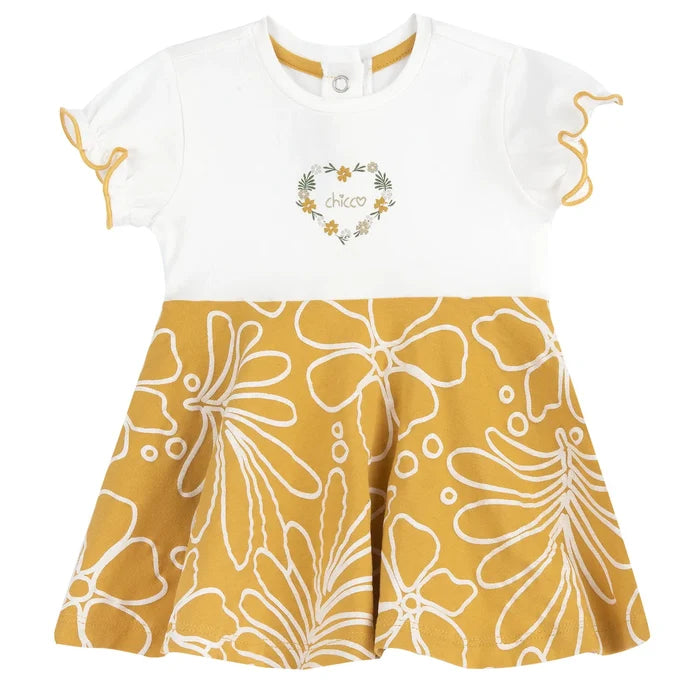 Girls White and Yellow Printed Dress