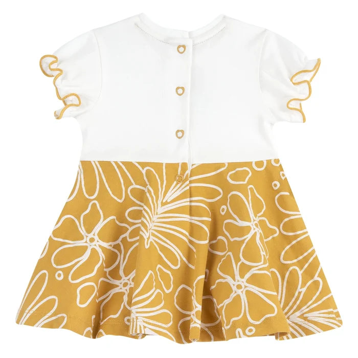 Girls White and Yellow Printed Dress