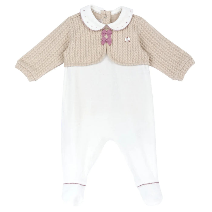 Girls White & Beige Embellished Nappy Opening Babysuit