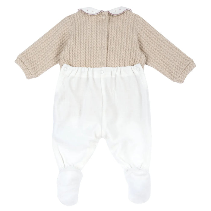 Girls White & Beige Embellished Nappy Opening Babysuit
