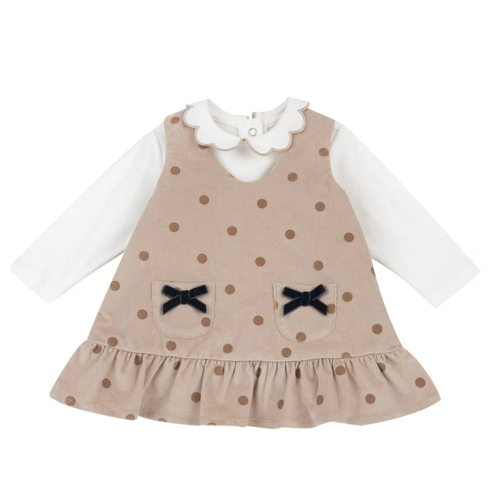 Girls White & Beige Polka Dot Printed T-shirt with Dress