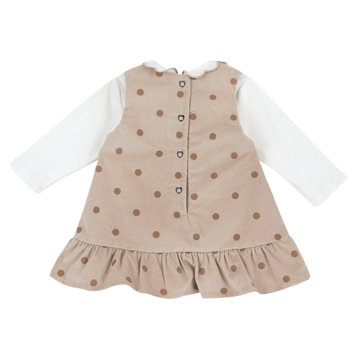 Girls White & Beige Polka Dot Printed T-shirt with Dress