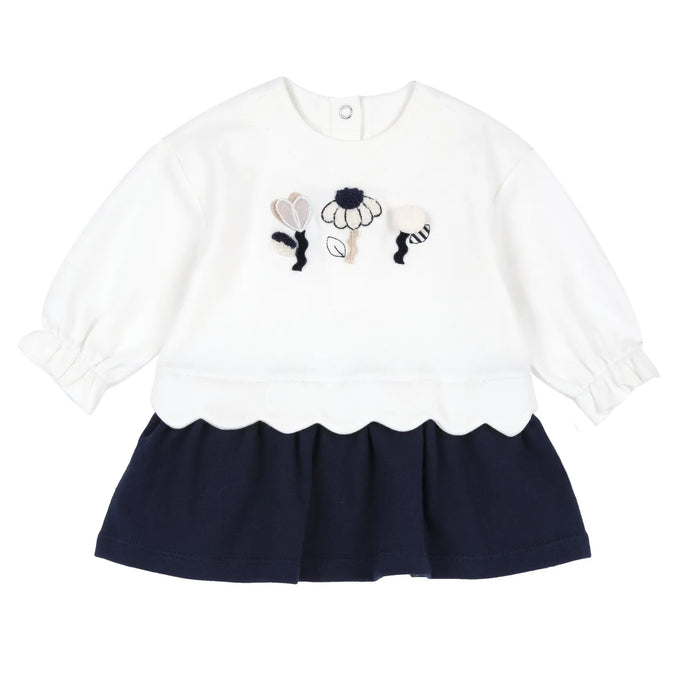Girls White & Blue Applique Long Sleeve Dress