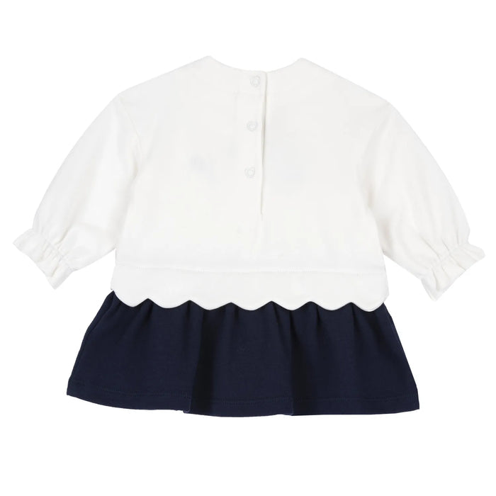 Girls White & Blue Applique Long Sleeve Dress