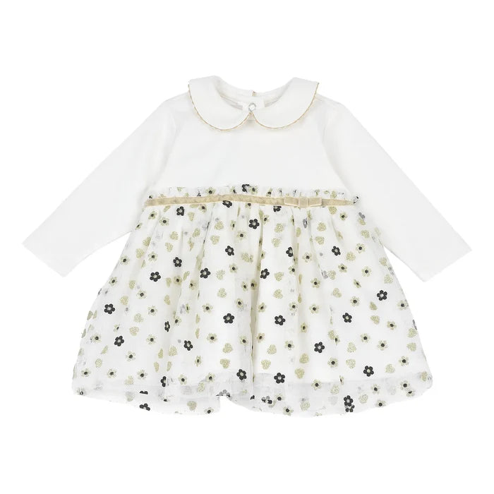 Girls White & Cream Printed Long Sleeve Dress