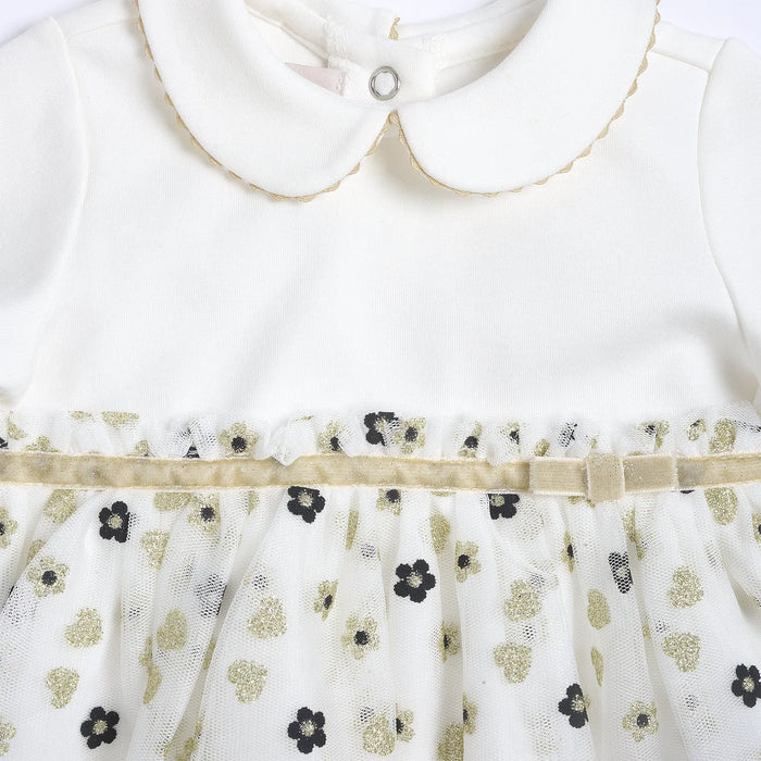Girls White & Cream Printed Long Sleeve Dress