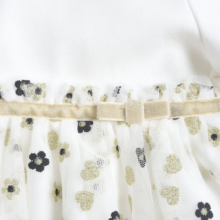 Girls White & Cream Printed Long Sleeve Dress