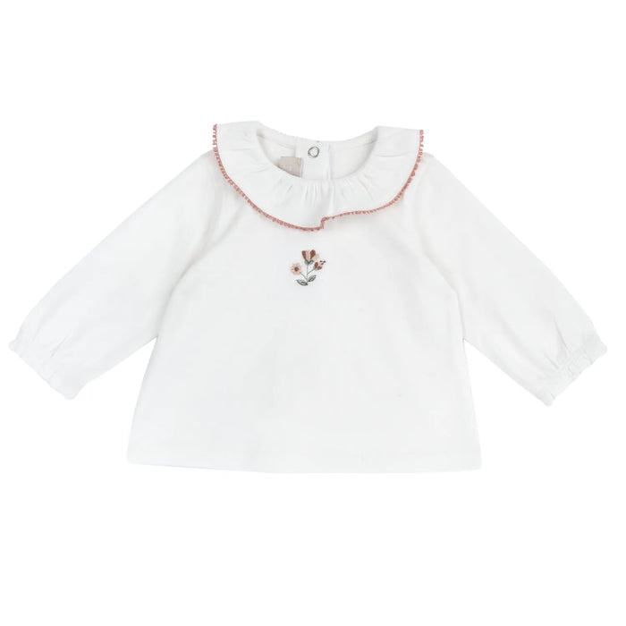 Girls White Floral Embroidered Long Sleeve Top