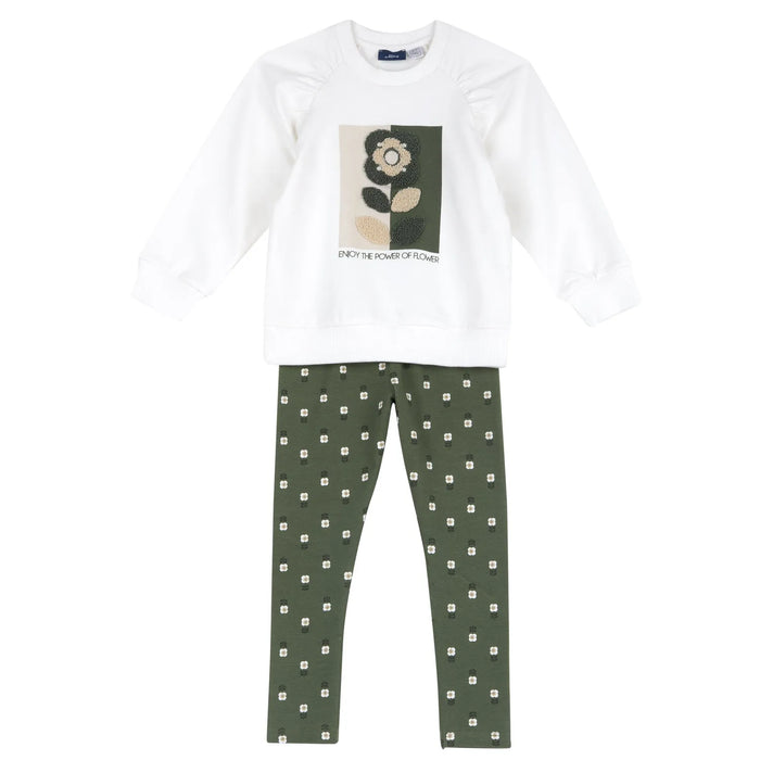 Girls White & Green Embroidered Sweatshirt with Leggings