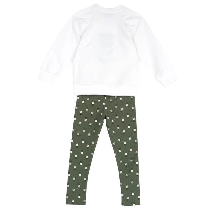 Girls White & Green Embroidered Sweatshirt with Leggings