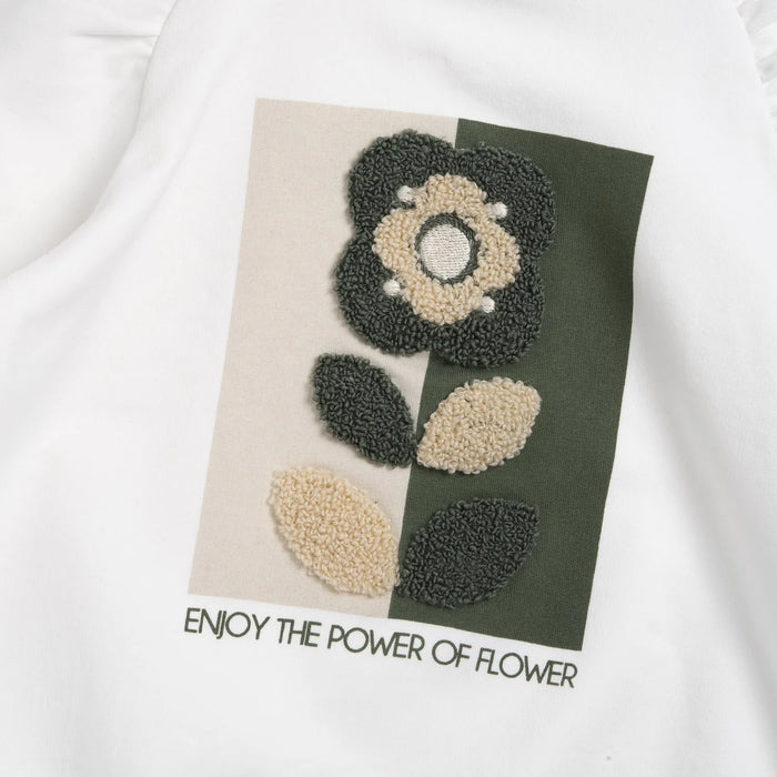 Girls White & Green Embroidered Sweatshirt with Leggings