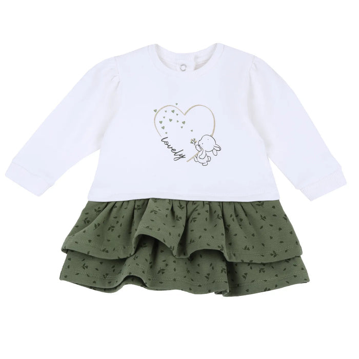 Girls White & Green Printed Long Sleeve Dress